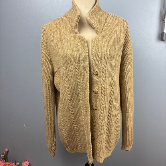 Liz Claiborne Lizwear Taupe Tan Chunky Knit Button Cardigan Sweater 100 Cotto LG - Picture 1 of 8